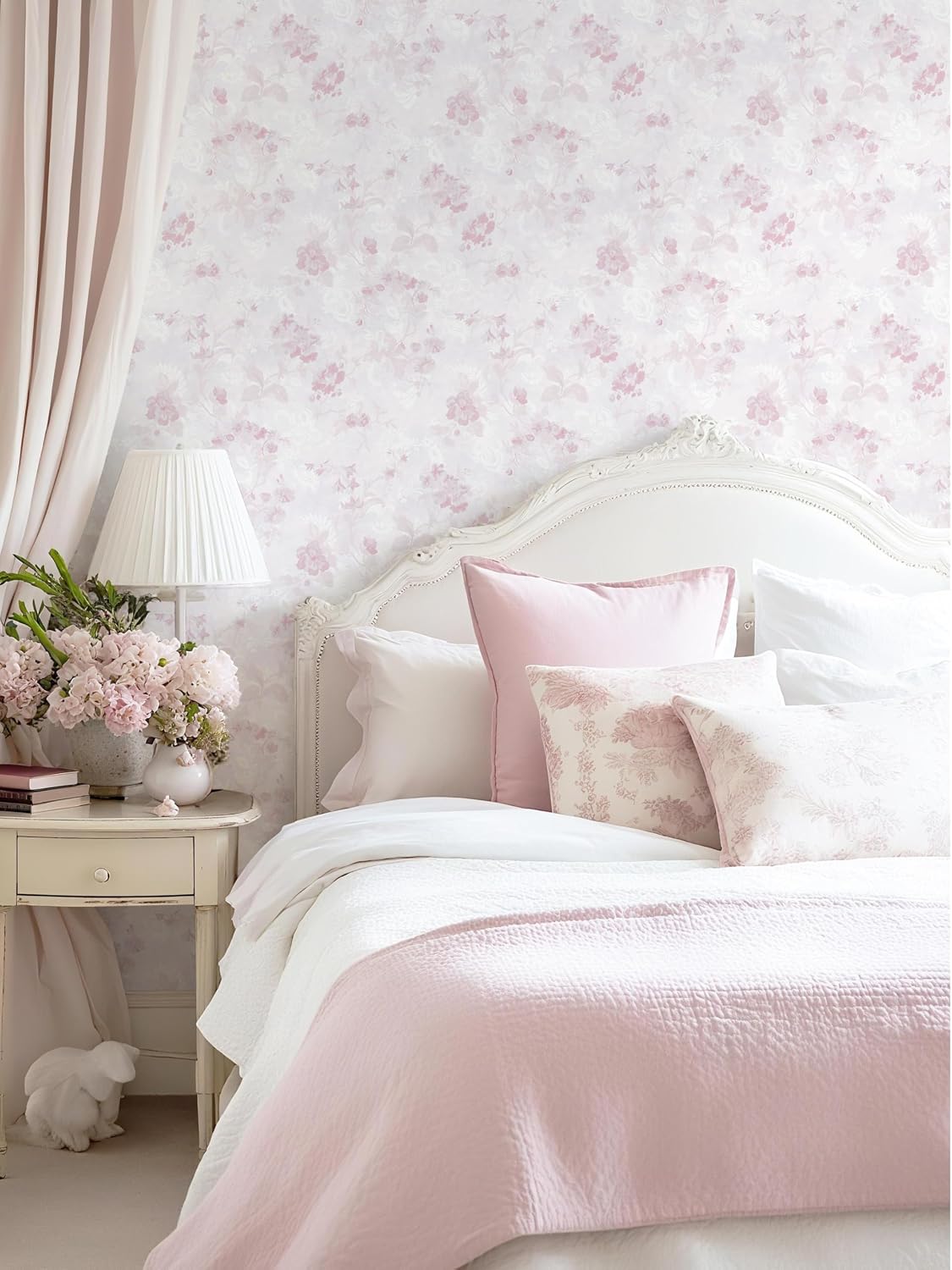 Dimoon 78.7"x17.3" Pink Wallpaper Floral Contact Paper Peel and Stick Wallpaper White Vintage French Country Renter Friendly Bathroom Boho Flower Removable Wall Paper Kitchen Self Adhesive Vinyl Roll