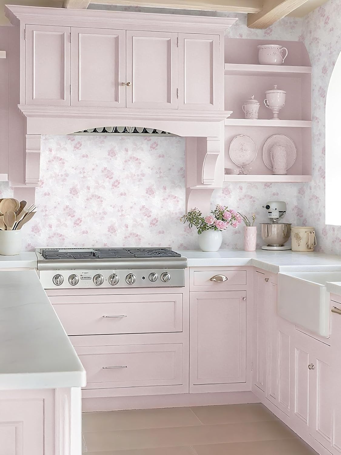 Dimoon 78.7"x17.3" Pink Wallpaper Floral Contact Paper Peel and Stick Wallpaper White Vintage French Country Renter Friendly Bathroom Boho Flower Removable Wall Paper Kitchen Self Adhesive Vinyl Roll