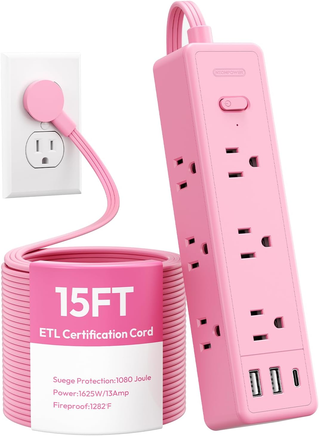Pink Power Strip, Power Strip Flat Extension Cord 15FT, 9 Outlets 3 USB Ports(1 USB C), Wall Mount, Multiple Outlets for Home, Dorm, Vanity Desk, Nightstand,Women