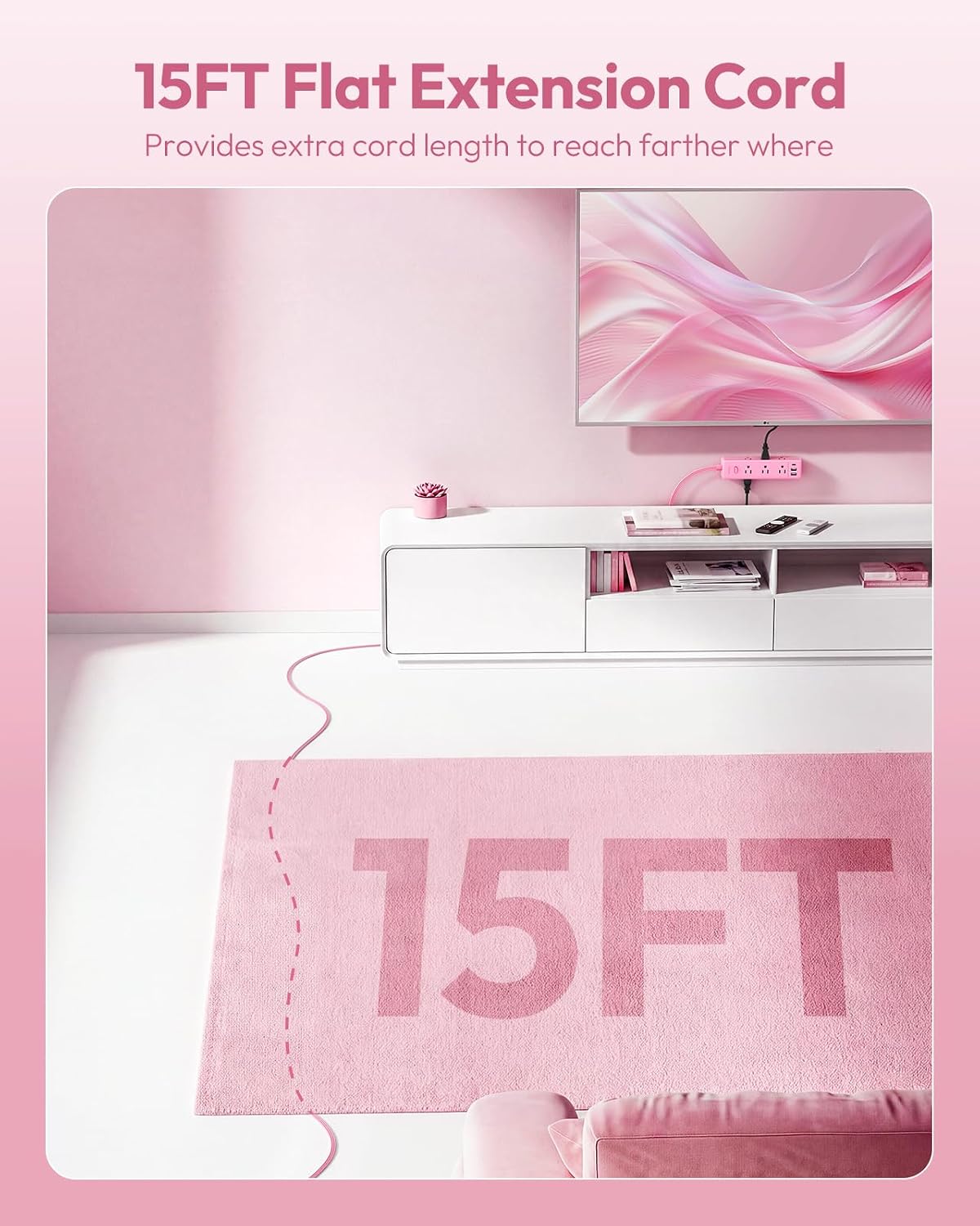 Pink Power Strip, Power Strip Flat Extension Cord 15FT, 9 Outlets 3 USB Ports(1 USB C), Wall Mount, Multiple Outlets for Home, Dorm, Vanity Desk, Nightstand,Women