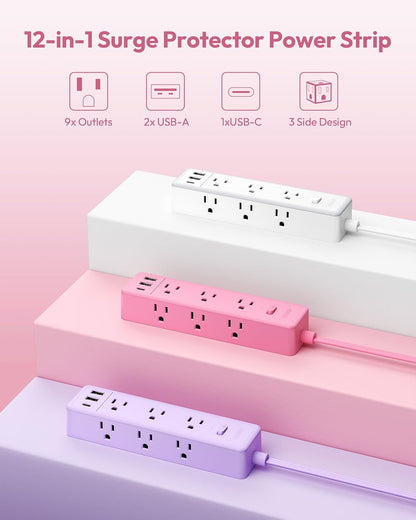 Pink Power Strip, Power Strip Flat Extension Cord 15FT, 9 Outlets 3 USB Ports(1 USB C), Wall Mount, Multiple Outlets for Home, Dorm, Vanity Desk, Nightstand,Women