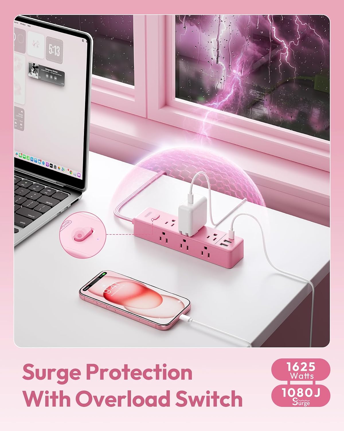 Pink Power Strip, Power Strip Flat Extension Cord 15FT, 9 Outlets 3 USB Ports(1 USB C), Wall Mount, Multiple Outlets for Home, Dorm, Vanity Desk, Nightstand,Women