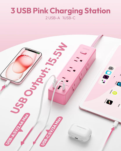 Pink Power Strip, Power Strip Flat Extension Cord 15FT, 9 Outlets 3 USB Ports(1 USB C), Wall Mount, Multiple Outlets for Home, Dorm, Vanity Desk, Nightstand,Women