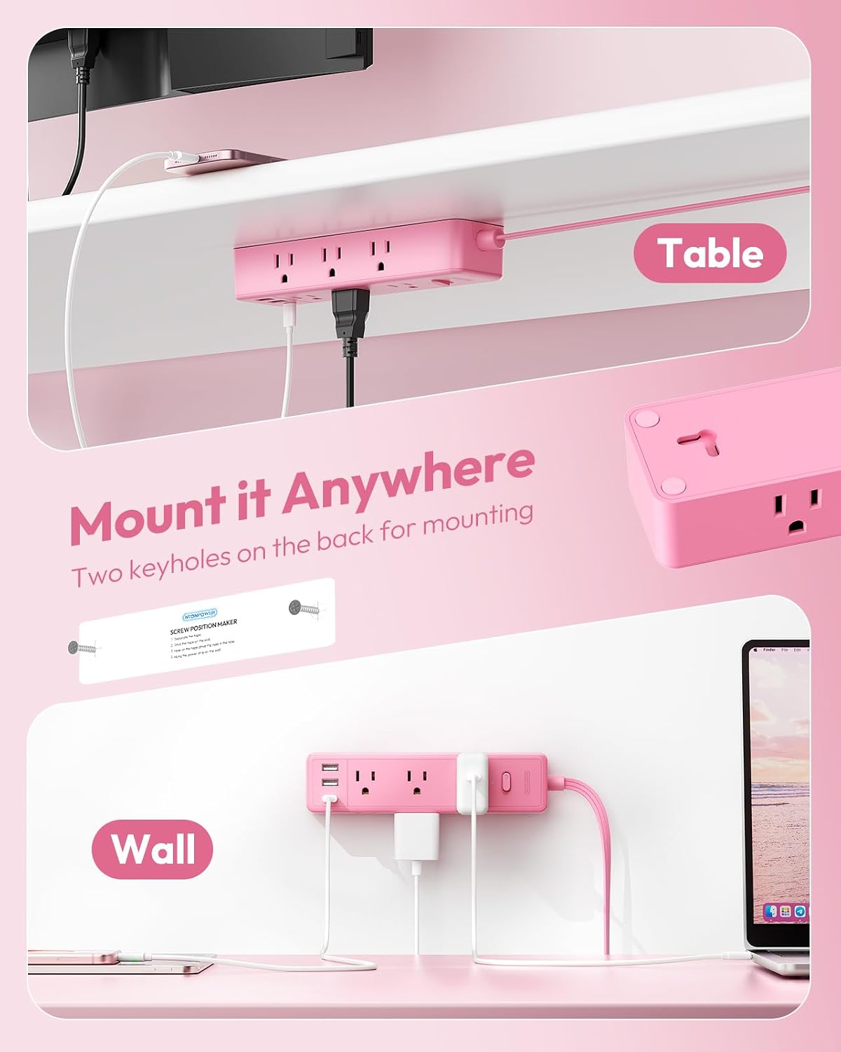 Pink Power Strip, Power Strip Flat Extension Cord 15FT, 9 Outlets 3 USB Ports(1 USB C), Wall Mount, Multiple Outlets for Home, Dorm, Vanity Desk, Nightstand,Women