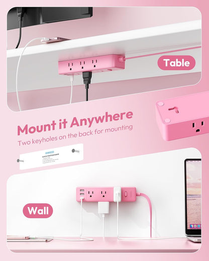 Pink Power Strip, Power Strip Flat Extension Cord 15FT, 9 Outlets 3 USB Ports(1 USB C), Wall Mount, Multiple Outlets for Home, Dorm, Vanity Desk, Nightstand,Women