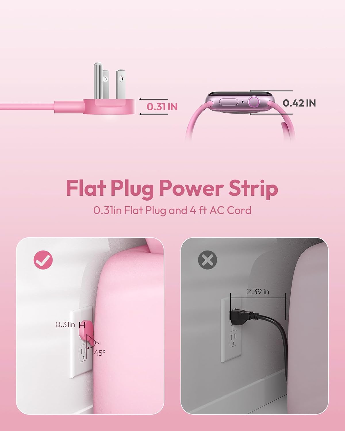Pink Power Strip, Power Strip Flat Extension Cord 15FT, 9 Outlets 3 USB Ports(1 USB C), Wall Mount, Multiple Outlets for Home, Dorm, Vanity Desk, Nightstand,Women