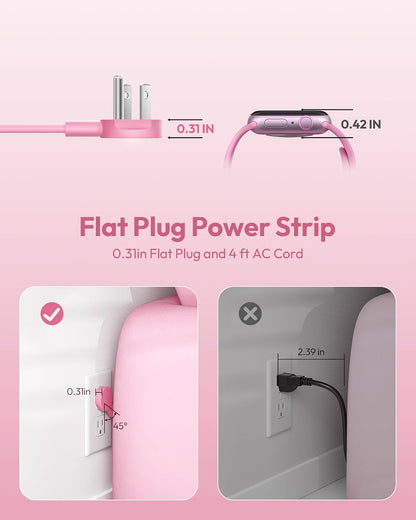 Pink Power Strip, Power Strip Flat Extension Cord 15FT, 9 Outlets 3 USB Ports(1 USB C), Wall Mount, Multiple Outlets for Home, Dorm, Vanity Desk, Nightstand,Women