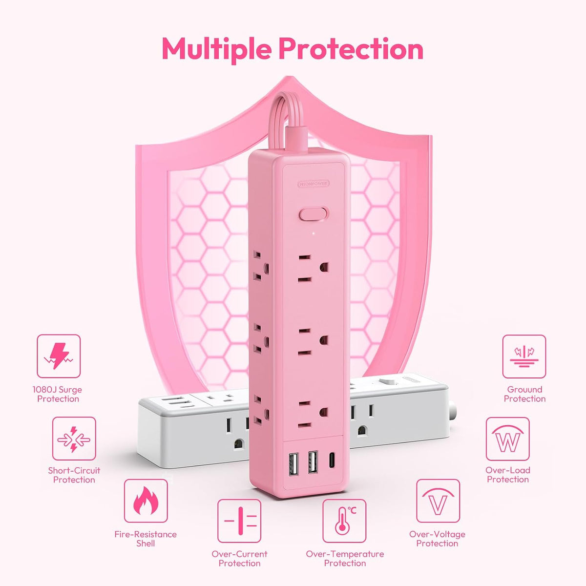 Pink Power Strip, Power Strip Flat Extension Cord 15FT, 9 Outlets 3 USB Ports(1 USB C), Wall Mount, Multiple Outlets for Home, Dorm, Vanity Desk, Nightstand,Women