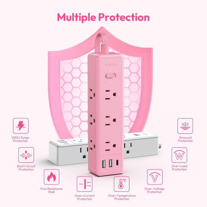 Pink Power Strip, Power Strip Flat Extension Cord 15FT, 9 Outlets 3 USB Ports(1 USB C), Wall Mount, Multiple Outlets for Home, Dorm, Vanity Desk, Nightstand,Women
