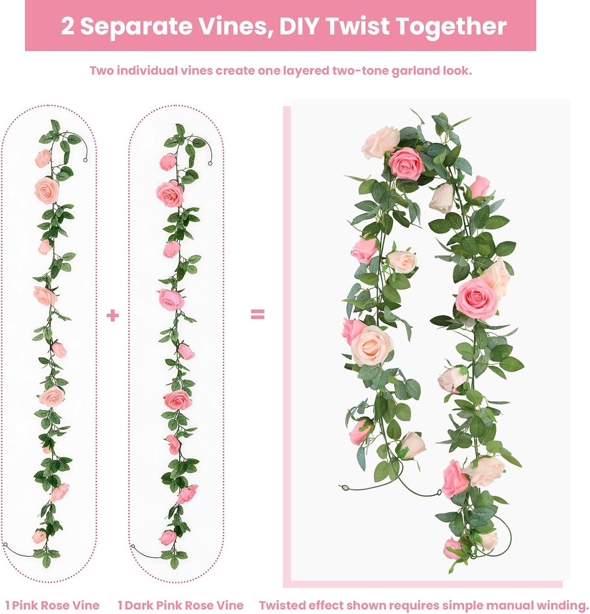 2Pack 6.5FT Mixed Pink Artificial Rose Garland Fake Rose Vines