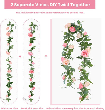 2Pack 6.5FT Mixed Pink Artificial Rose Garland Fake Rose Vines