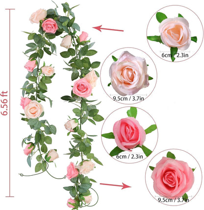 2Pack 6.5FT Mixed Pink Artificial Rose Garland Fake Rose Vines