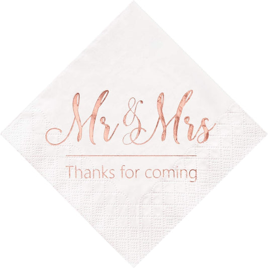 Wedding Napkins Mr Mrs Rose Gold Cocktail Beverage Dessert Napkins for Wedding Tabel Decoration Engagement Party Supplies, 100 Pcs, 3-Ply