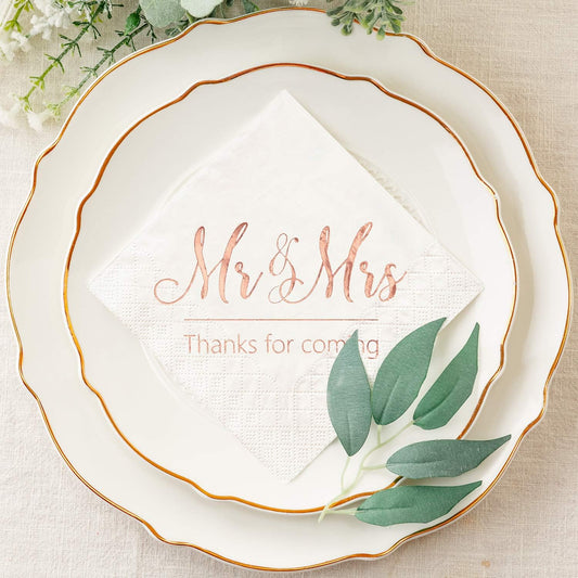 Wedding Napkins Mr Mrs Rose Gold Cocktail Beverage Dessert Napkins for Wedding Tabel Decoration Engagement Party Supplies, 100 Pcs, 3-Ply