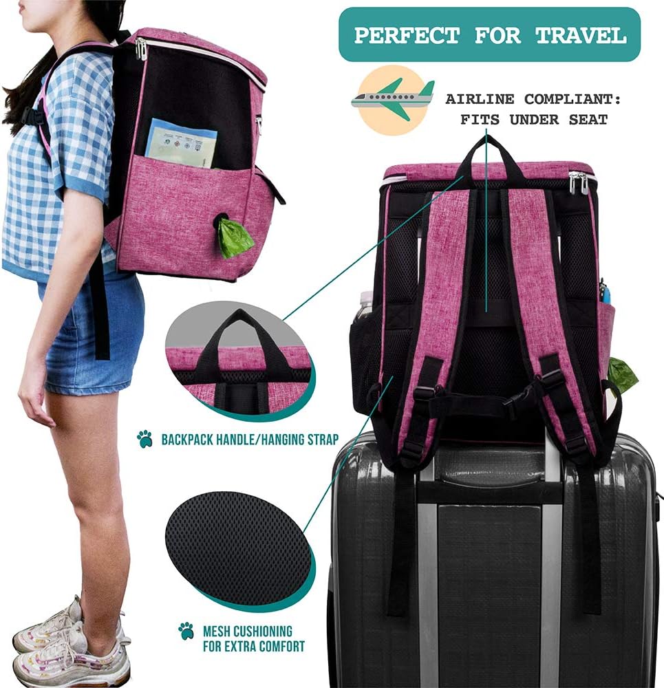 Dog Travel Backpack 27L Airline Approved Pet Supplies Bag, Pink