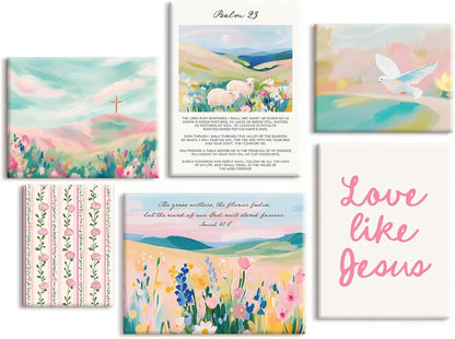 Pastel Pink Christian Wall Art Bible Verse Preppy Canvas Wall Decor Girl Trendy Christian Poster Aesthetic Floral Scripture Prints Cute Religious Pictures for Girls Room 12x16 Inch Ready to Hang 6Pcs