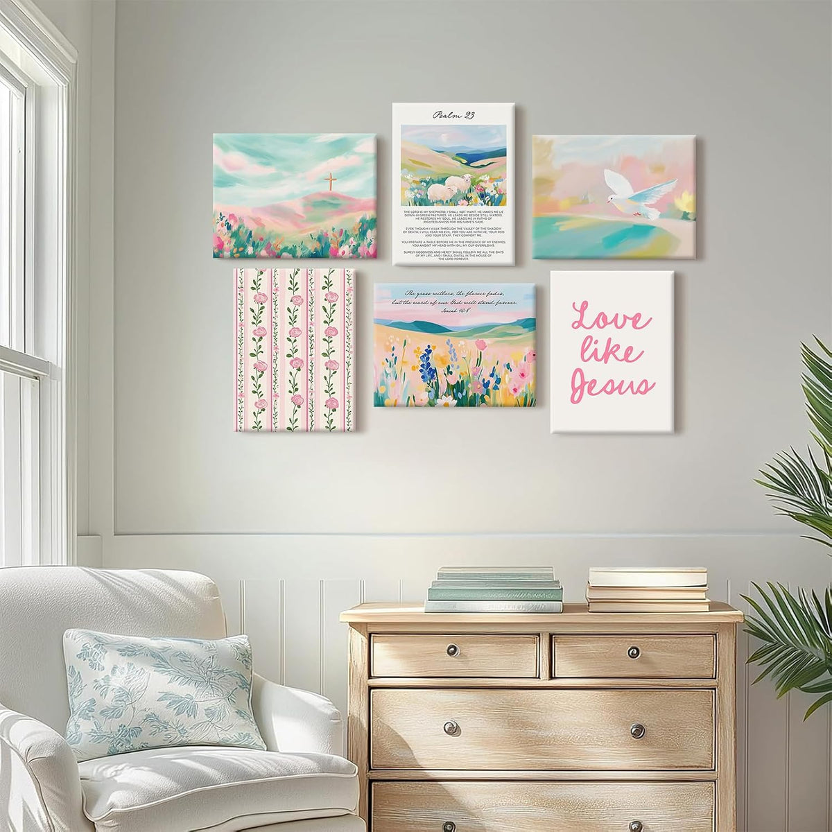 Pastel Pink Christian Wall Art Bible Verse Preppy Canvas Wall Decor Girl Trendy Christian Poster Aesthetic Floral Scripture Prints Cute Religious Pictures for Girls Room 12x16 Inch Ready to Hang 6Pcs