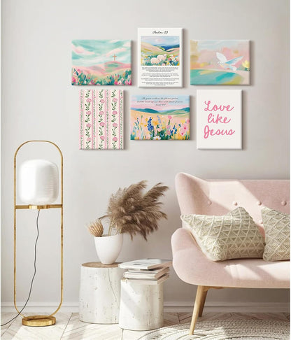 Pastel Pink Christian Wall Art Bible Verse Preppy Canvas Wall Decor Girl Trendy Christian Poster Aesthetic Floral Scripture Prints Cute Religious Pictures for Girls Room 12x16 Inch Ready to Hang 6Pcs