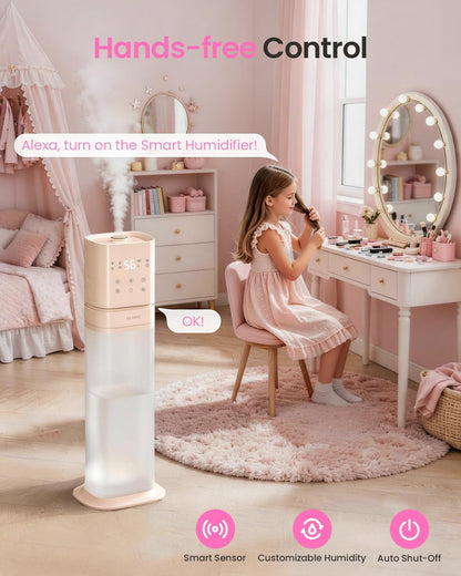 Humidifiers for Bedroom 2.1Gal/8L, Smart Humidifier for Large Room, Cool Mist Humidifiers for Home Kids Baby Plants, Top Fill Humidifier with Extension Tube, WIFI APP & Voice Control, Pink