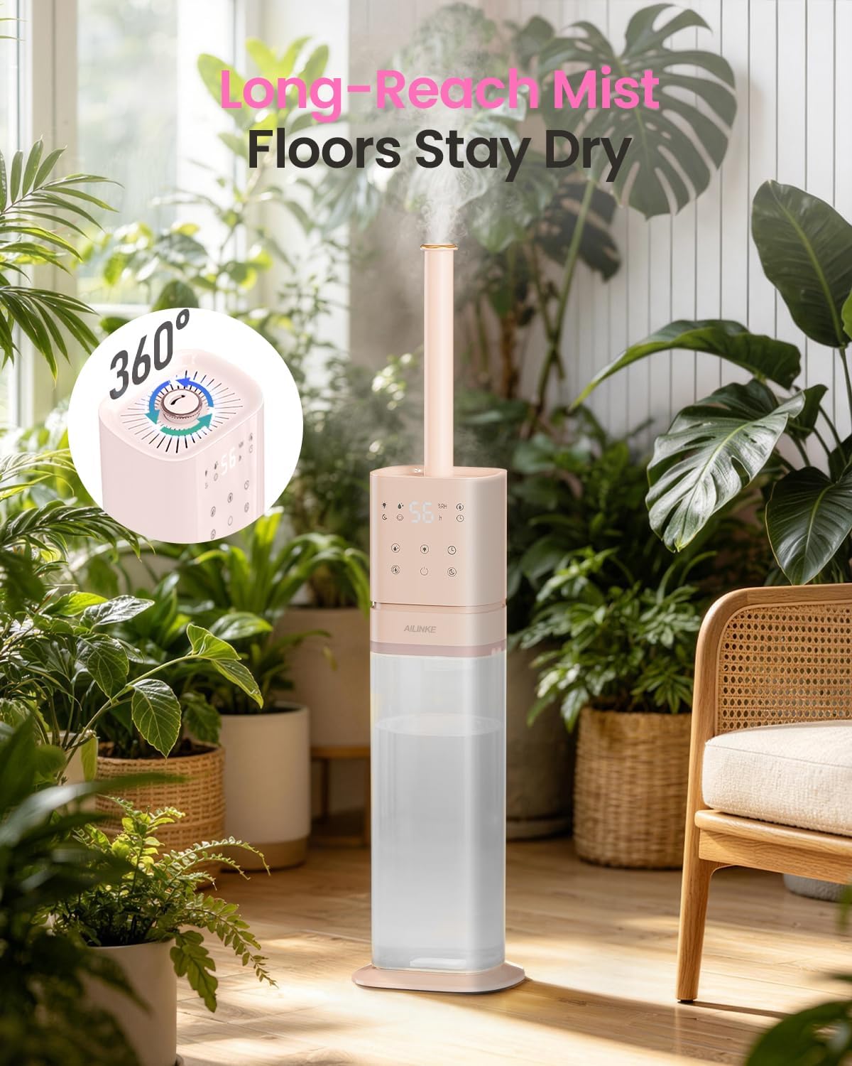 Humidifiers for Bedroom 2.1Gal/8L, Smart Humidifier for Large Room, Cool Mist Humidifiers for Home Kids Baby Plants, Top Fill Humidifier with Extension Tube, WIFI APP & Voice Control, Pink