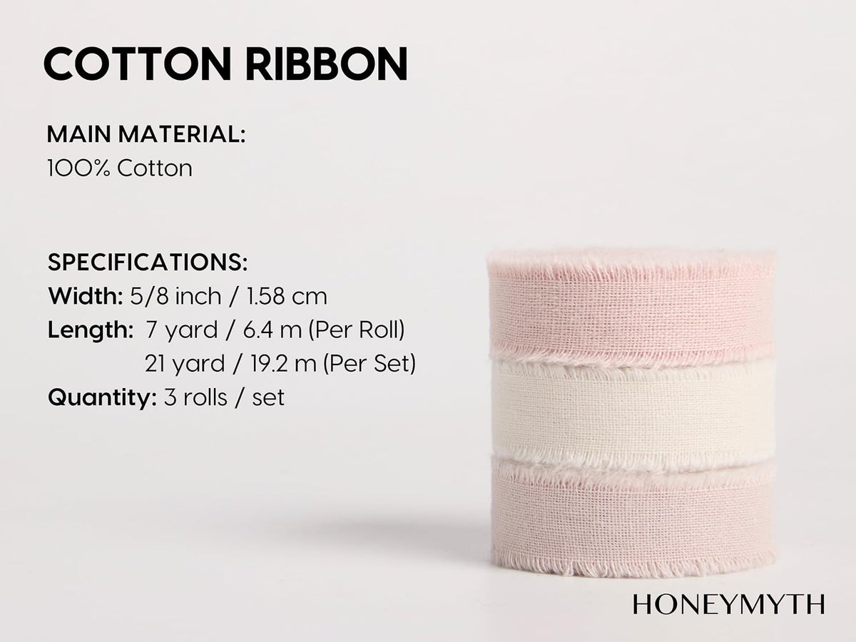 Cotton Ribbon 5/8" X 21 Yd Ivory/Blush/Dusty Pink Handmade Frayed Fabric Ribbon for Gift Wrapping, Wedding Invites, Bridal Bouquets, Baby Showers, Holiday Decor & DIY Crafts.