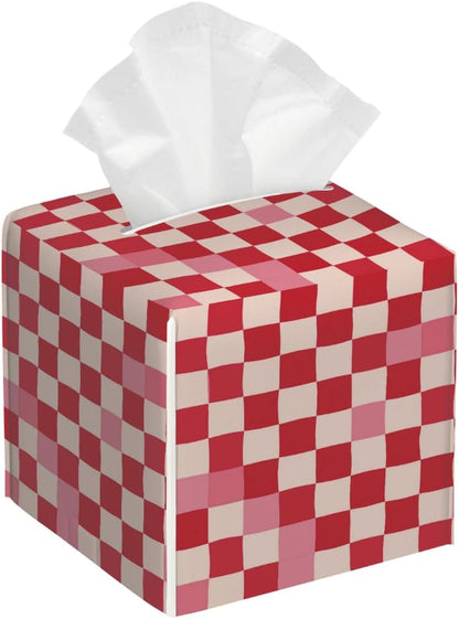 Pink Beige Plaid Checkerboard Pattern Tissue Box Cover Leather Tissue Box Case Holder Decorative Facial Paper Organizer for Car Bathroom Tabletop