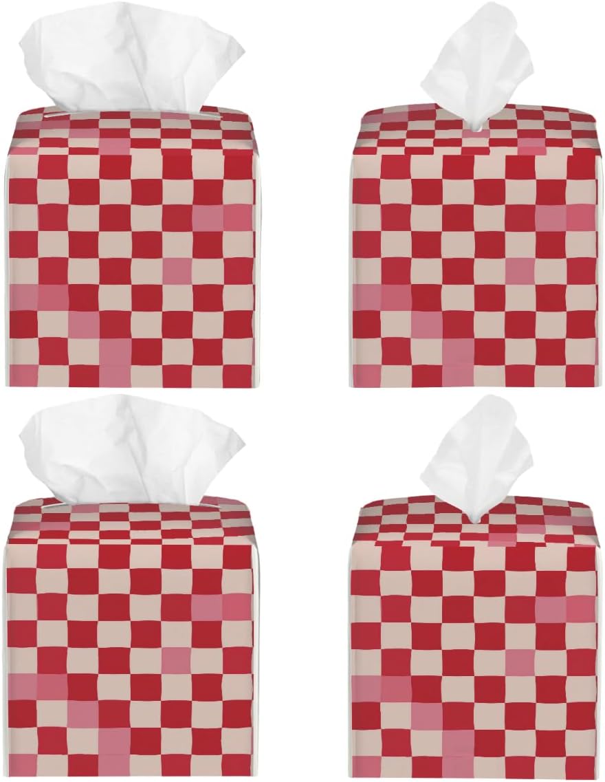 Pink Beige Plaid Checkerboard Pattern Tissue Box Cover Leather Tissue Box Case Holder Decorative Facial Paper Organizer for Car Bathroom Tabletop