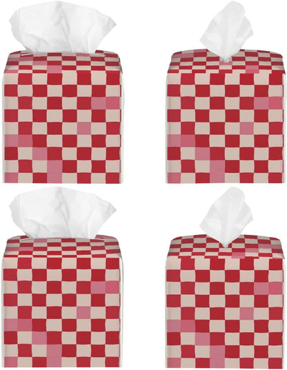 Pink Beige Plaid Checkerboard Pattern Tissue Box Cover Leather Tissue Box Case Holder Decorative Facial Paper Organizer for Car Bathroom Tabletop