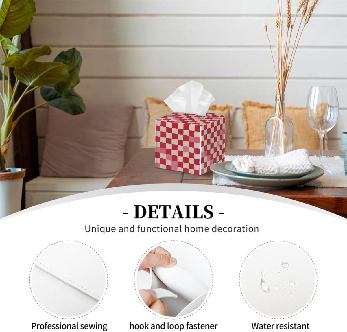 Pink Beige Plaid Checkerboard Pattern Tissue Box Cover Leather Tissue Box Case Holder Decorative Facial Paper Organizer for Car Bathroom Tabletop