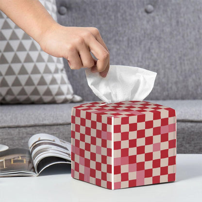 Pink Beige Plaid Checkerboard Pattern Tissue Box Cover Leather Tissue Box Case Holder Decorative Facial Paper Organizer for Car Bathroom Tabletop