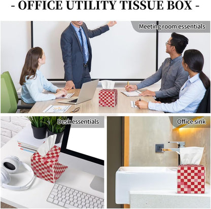 Pink Beige Plaid Checkerboard Pattern Tissue Box Cover Leather Tissue Box Case Holder Decorative Facial Paper Organizer for Car Bathroom Tabletop