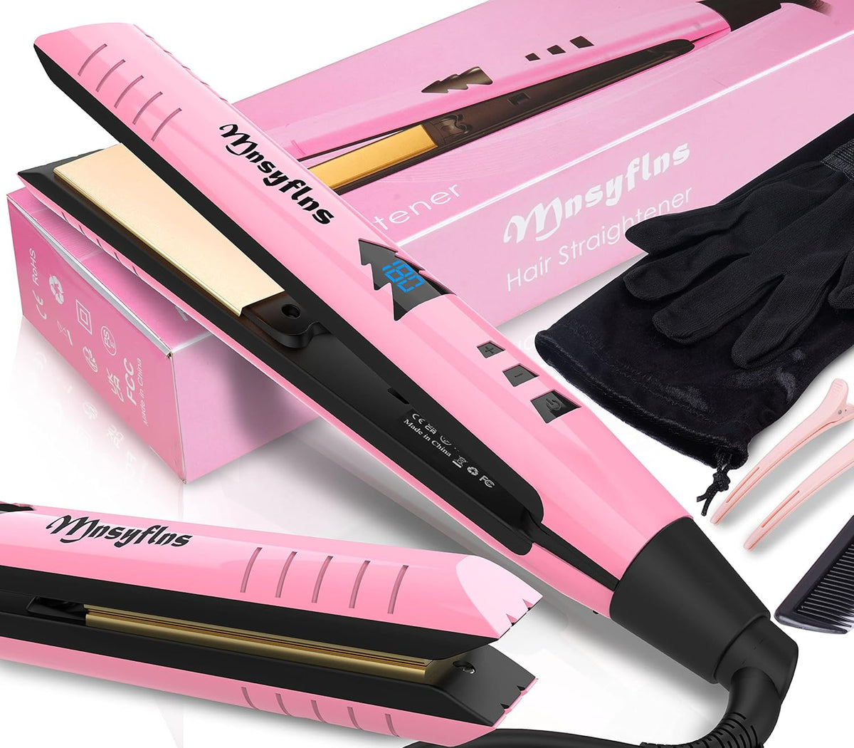 2 in 1 Hair Straightener and Curler-15s Fast Heating Ceramic Flat Iron, LCD Temp Display, Wide Plates for Short/Long Hair, Portable Travel Straightener with Heat-Resistant Glove & Clips,Pink