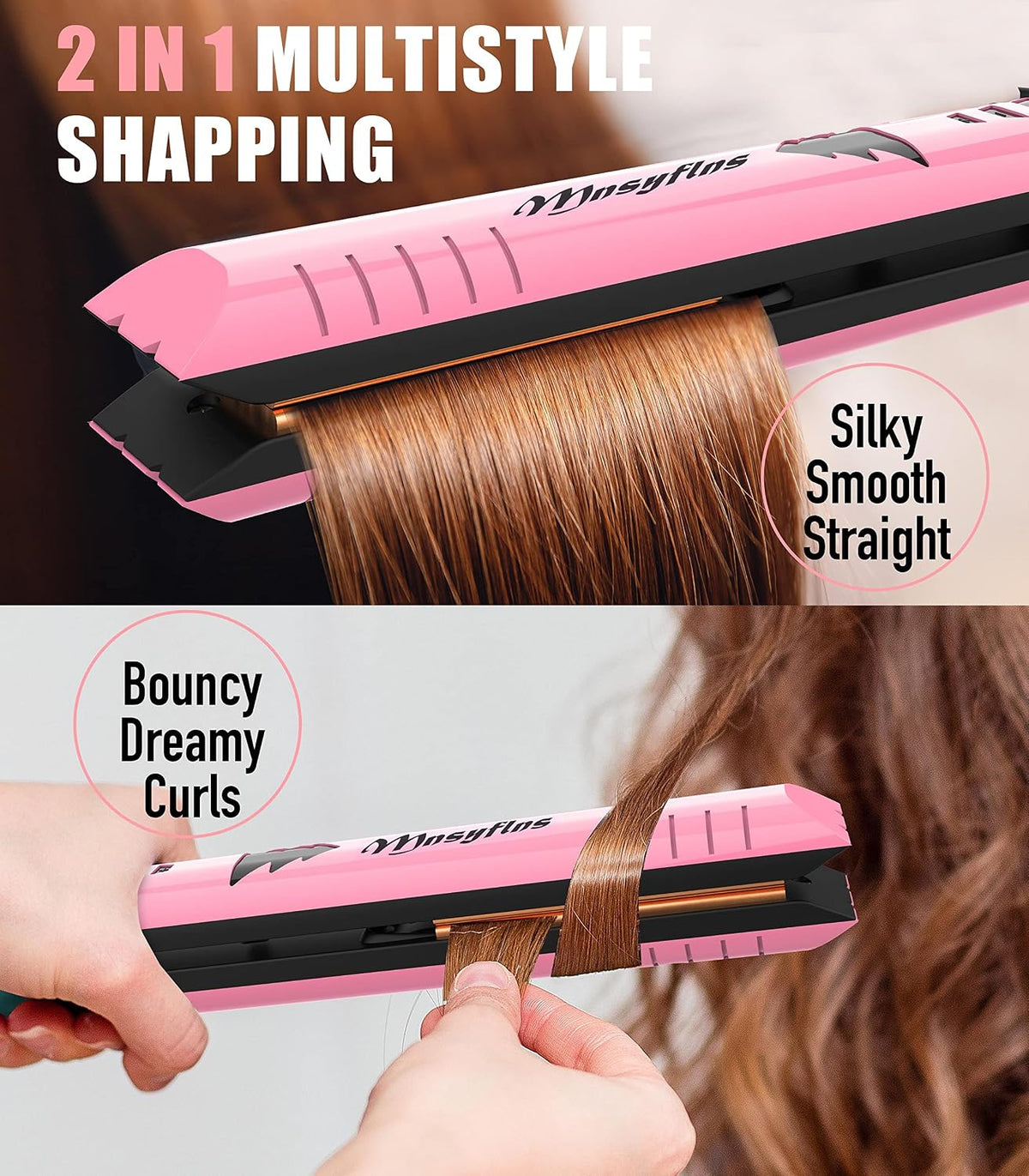 2 in 1 Hair Straightener and Curler-15s Fast Heating Ceramic Flat Iron, LCD Temp Display, Wide Plates for Short/Long Hair, Portable Travel Straightener with Heat-Resistant Glove & Clips,Pink