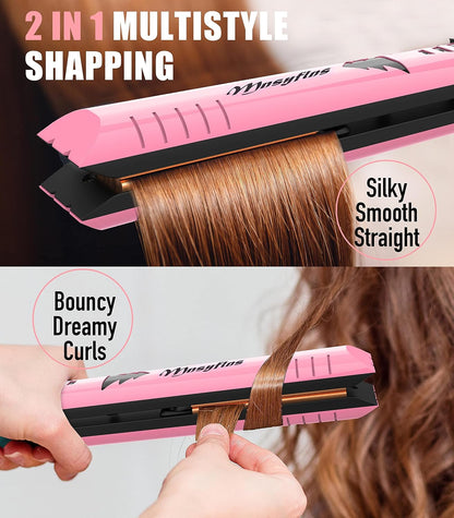 2 in 1 Hair Straightener and Curler-15s Fast Heating Ceramic Flat Iron, LCD Temp Display, Wide Plates for Short/Long Hair, Portable Travel Straightener with Heat-Resistant Glove & Clips,Pink