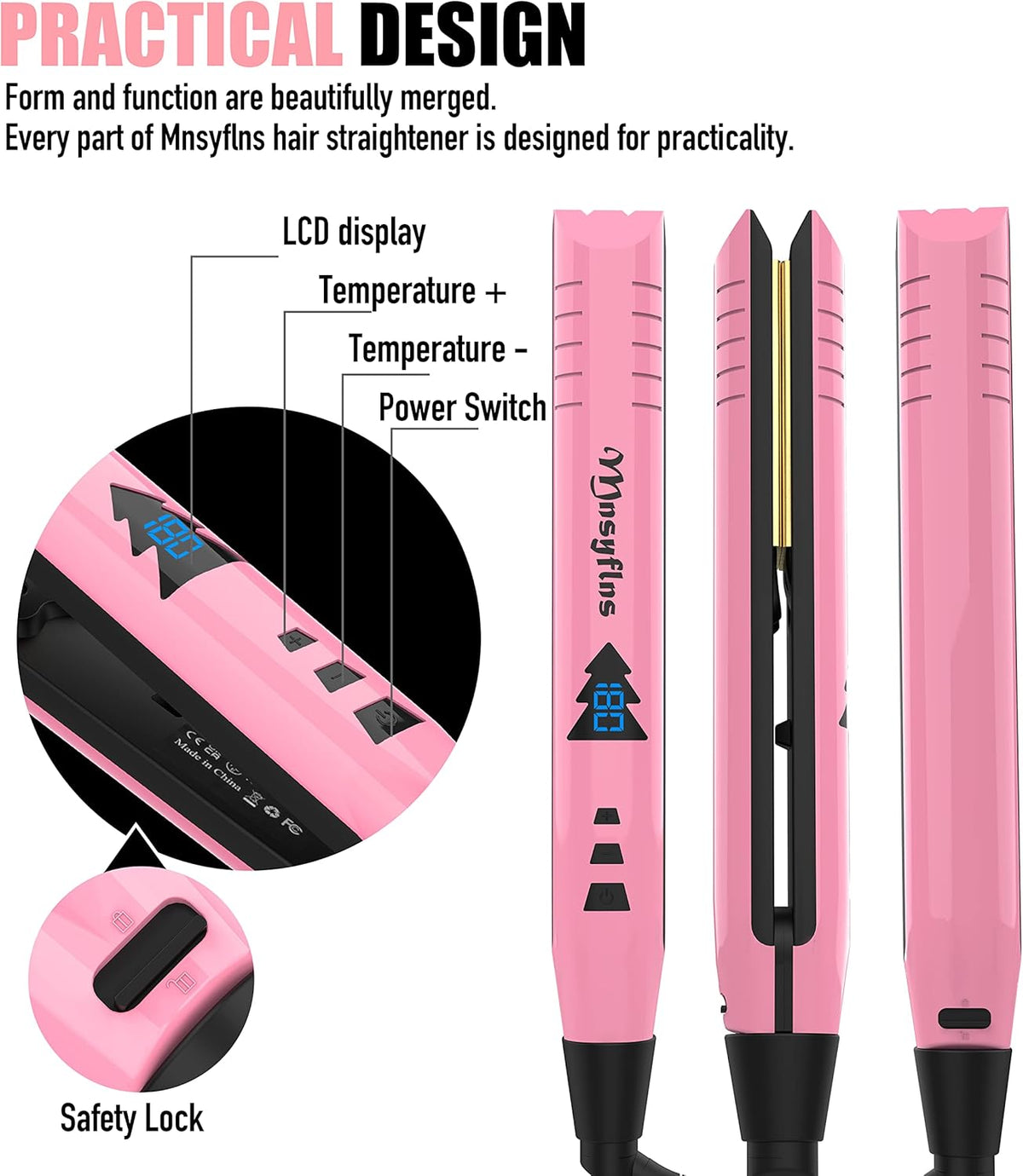 2 in 1 Hair Straightener and Curler-15s Fast Heating Ceramic Flat Iron, LCD Temp Display, Wide Plates for Short/Long Hair, Portable Travel Straightener with Heat-Resistant Glove & Clips,Pink