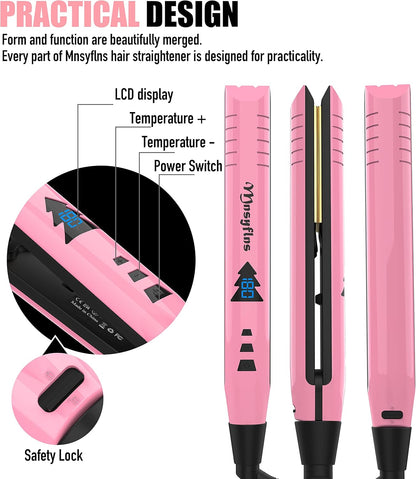 2 in 1 Hair Straightener and Curler-15s Fast Heating Ceramic Flat Iron, LCD Temp Display, Wide Plates for Short/Long Hair, Portable Travel Straightener with Heat-Resistant Glove & Clips,Pink