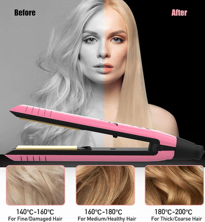 2 in 1 Hair Straightener and Curler-15s Fast Heating Ceramic Flat Iron, LCD Temp Display, Wide Plates for Short/Long Hair, Portable Travel Straightener with Heat-Resistant Glove & Clips,Pink