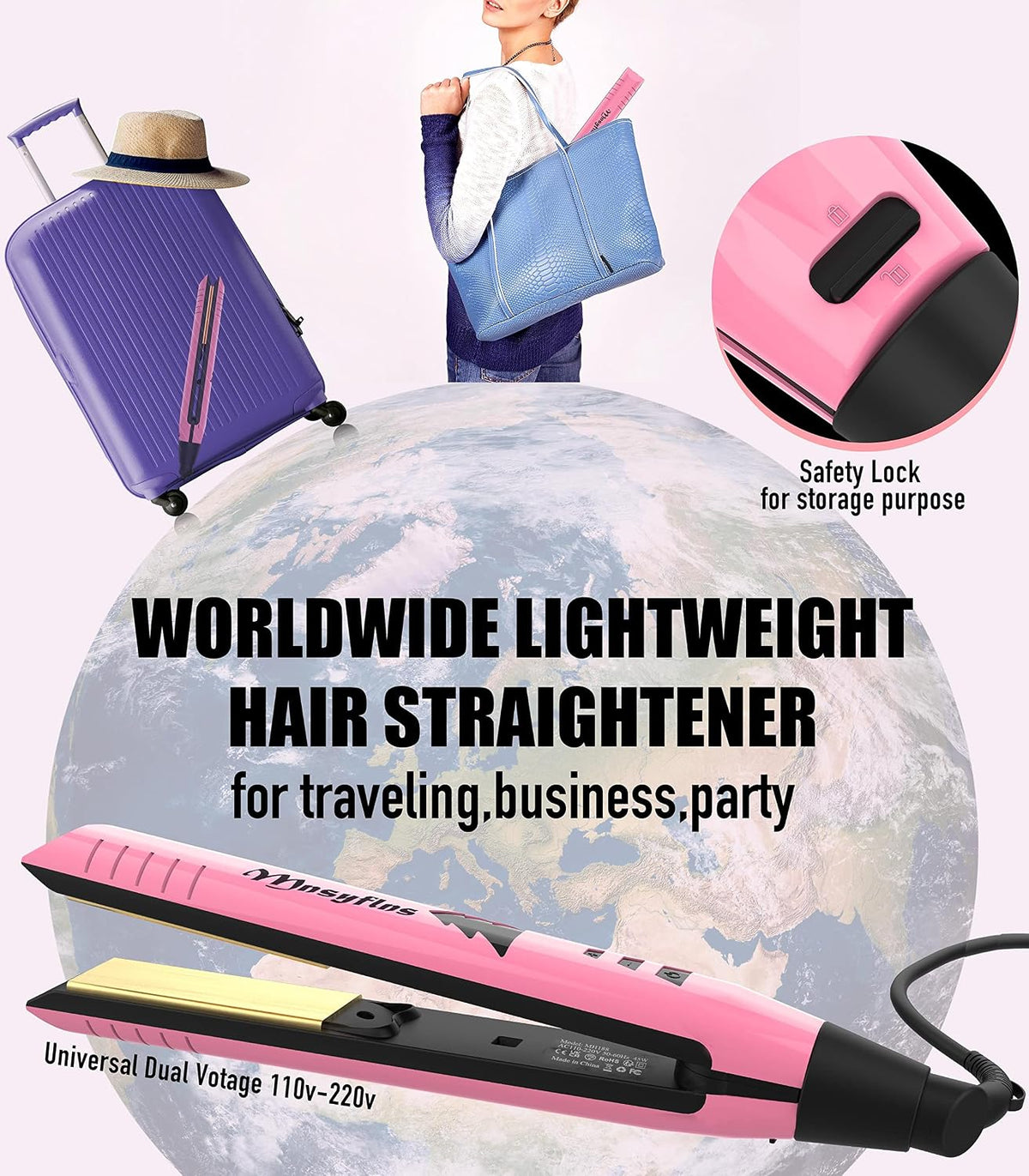 2 in 1 Hair Straightener and Curler-15s Fast Heating Ceramic Flat Iron, LCD Temp Display, Wide Plates for Short/Long Hair, Portable Travel Straightener with Heat-Resistant Glove & Clips,Pink