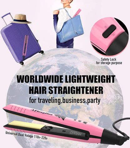 2 in 1 Hair Straightener and Curler-15s Fast Heating Ceramic Flat Iron, LCD Temp Display, Wide Plates for Short/Long Hair, Portable Travel Straightener with Heat-Resistant Glove & Clips,Pink