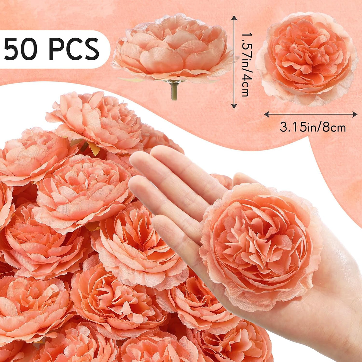 Thiccywoov 50 Pcs Silk Rose Heads Artificial Fake Flowers, Peach