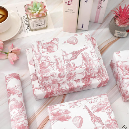 Pink and White Wrapping Paper -Mini Roll- 17 In x 32.8 Ft Jungle Animal Gift Wrap Paper for Holiday Birthday Baby Shower Party Wrapping Supplies