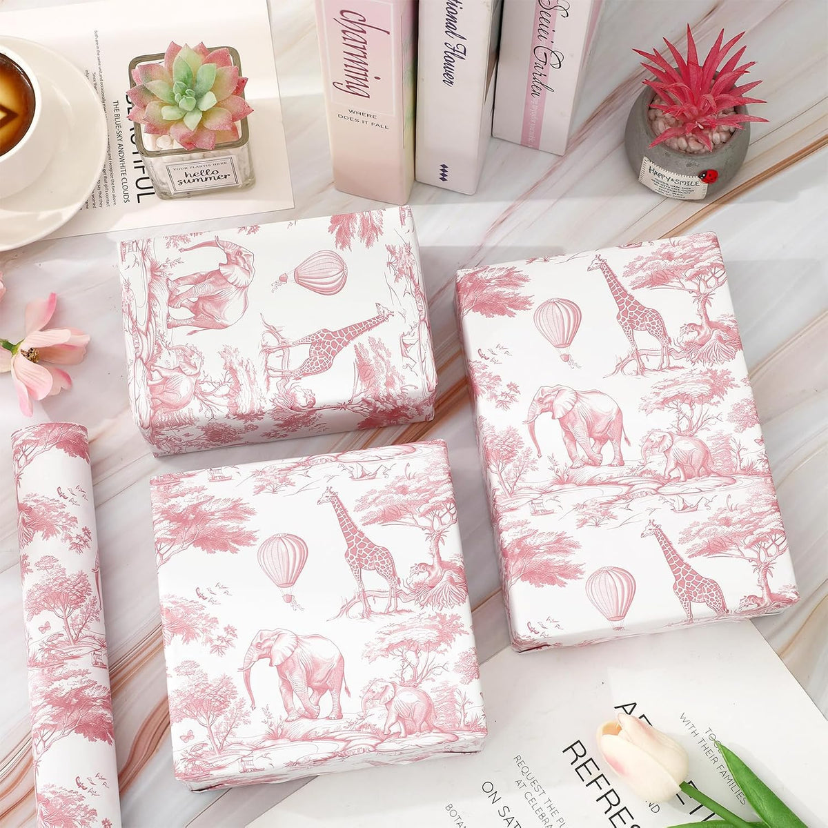 Pink and White Wrapping Paper -Mini Roll- 17 In x 32.8 Ft Jungle Animal Gift Wrap Paper for Holiday Birthday Baby Shower Party Wrapping Supplies