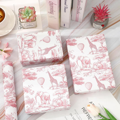 Pink and White Wrapping Paper -Mini Roll- 17 In x 32.8 Ft Jungle Animal Gift Wrap Paper for Holiday Birthday Baby Shower Party Wrapping Supplies