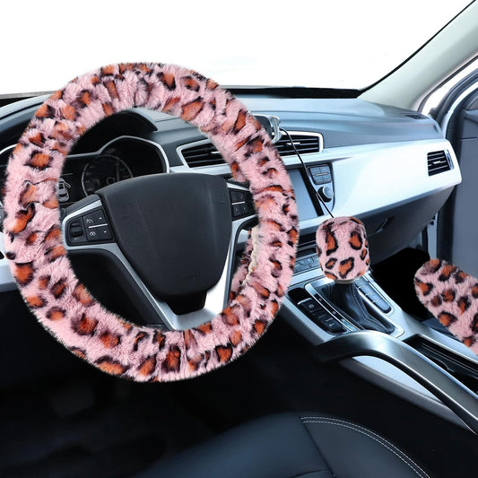 Fuzzy Steering Wheel Cover, Universal Fit Fur Car Wheel Cover & Handbrake Cover & Gear Shift Cover Set for Women Girls, Leopard Winter Warm Fluffy Vehicle Wheel Protector for Auto, SUV (Pink)
