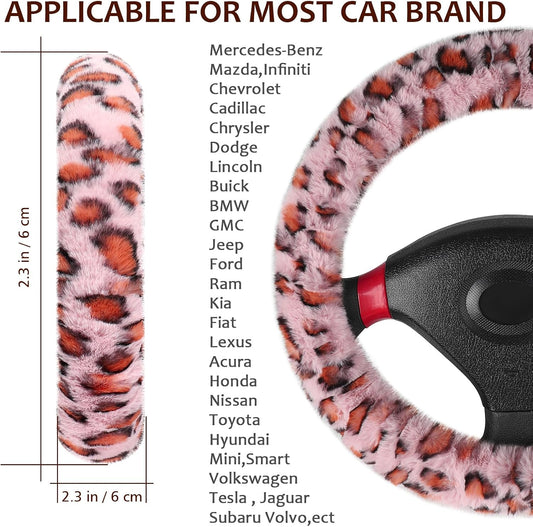 Fuzzy Steering Wheel Cover, Universal Fit Fur Car Wheel Cover & Handbrake Cover & Gear Shift Cover Set for Women Girls, Leopard Winter Warm Fluffy Vehicle Wheel Protector for Auto, SUV (Pink)