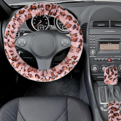 Fuzzy Steering Wheel Cover, Universal Fit Fur Car Wheel Cover & Handbrake Cover & Gear Shift Cover Set for Women Girls, Leopard Winter Warm Fluffy Vehicle Wheel Protector for Auto, SUV (Pink)
