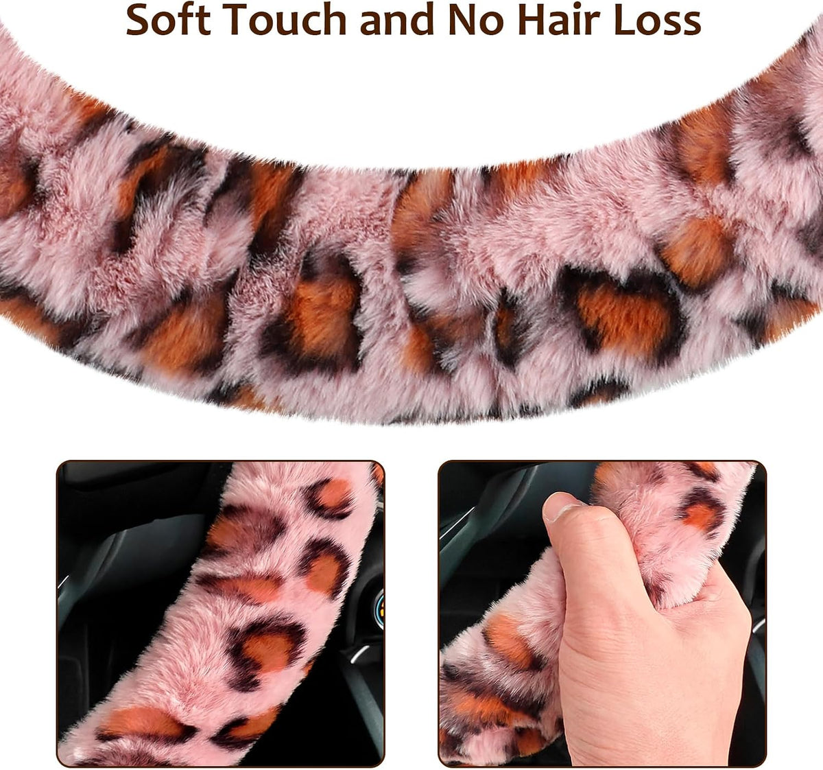Fuzzy Steering Wheel Cover, Universal Fit Fur Car Wheel Cover & Handbrake Cover & Gear Shift Cover Set for Women Girls, Leopard Winter Warm Fluffy Vehicle Wheel Protector for Auto, SUV (Pink)