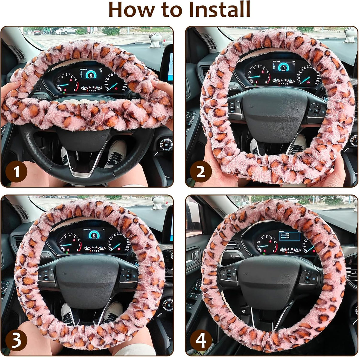 Fuzzy Steering Wheel Cover, Universal Fit Fur Car Wheel Cover & Handbrake Cover & Gear Shift Cover Set for Women Girls, Leopard Winter Warm Fluffy Vehicle Wheel Protector for Auto, SUV (Pink)