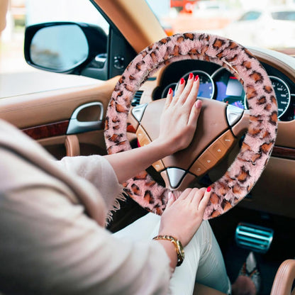 Fuzzy Steering Wheel Cover, Universal Fit Fur Car Wheel Cover & Handbrake Cover & Gear Shift Cover Set for Women Girls, Leopard Winter Warm Fluffy Vehicle Wheel Protector for Auto, SUV (Pink)