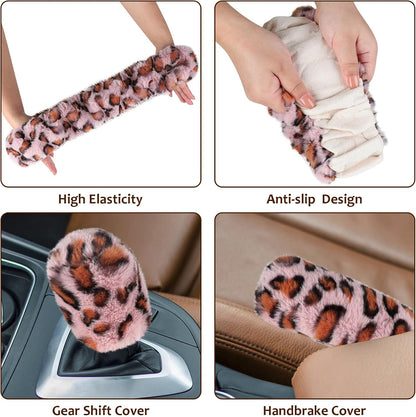 Fuzzy Steering Wheel Cover, Universal Fit Fur Car Wheel Cover & Handbrake Cover & Gear Shift Cover Set for Women Girls, Leopard Winter Warm Fluffy Vehicle Wheel Protector for Auto, SUV (Pink)